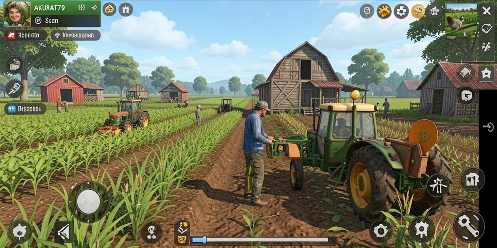 Screenshot gameplay AKURAT79 yang menampilkan ladang yang subur dan aktivitas bertani.