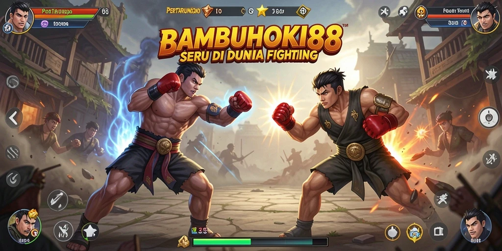 Tampilan gameplay seru di BAMBUHOKI88, menunjukkan pertarungan epik antar karakter.