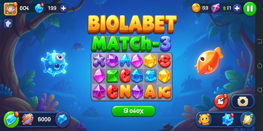 Tampilan screenshot BIOLABET menampilkan gameplay Match-3 yang seru dan mengasyikkan.