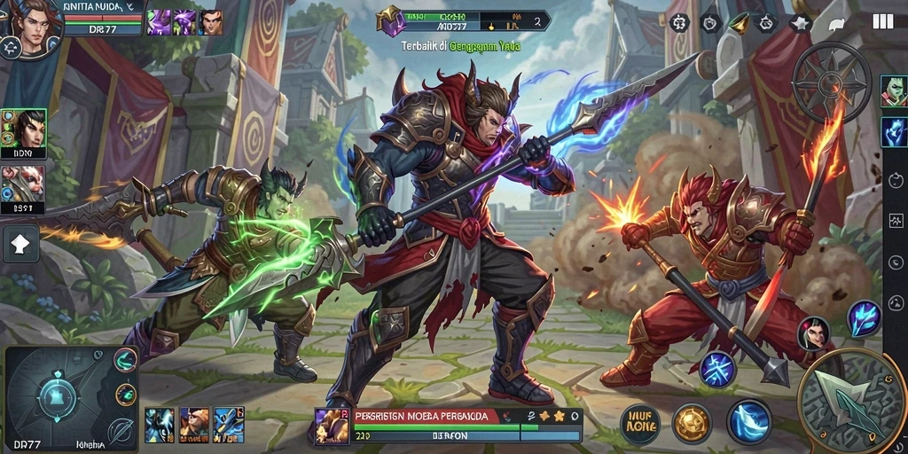 Screenshot menampilkan aksi seru di IDR77 dengan pertarungan antar hero MOBA.