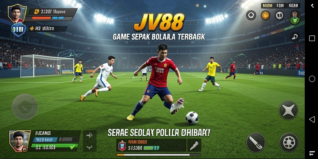 Tampilan gameplay seru dalam JV88 yang menggambarkan aksi sepak bola.