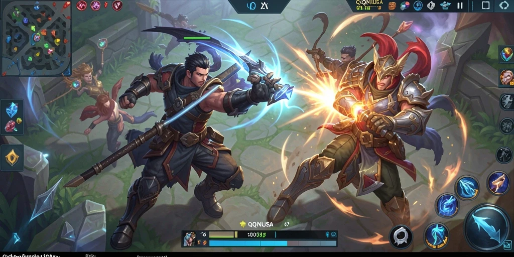 Screenshot utama QQNUSA menampilkan pertarungan seru antar karakter MOBA.