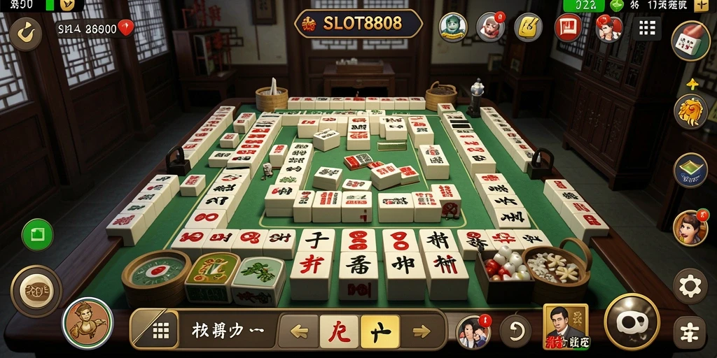 Gameplay menarik dari SLOT8808 dengan ubin Mahjong berwarna-warni.